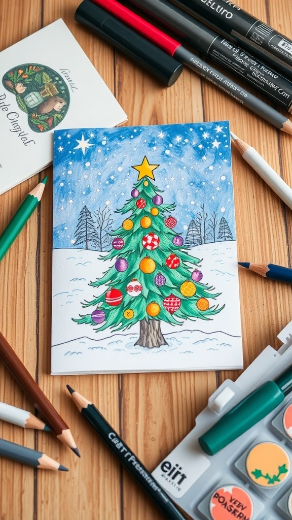 Hand-drawn Christmas card with a decorated tree and snowy background on a crafting table.